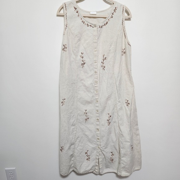 Vintage 100% Cotton Embroidered Button Front Maxi Dress Boho Cottagecore Cream L - Picture 3 of 8